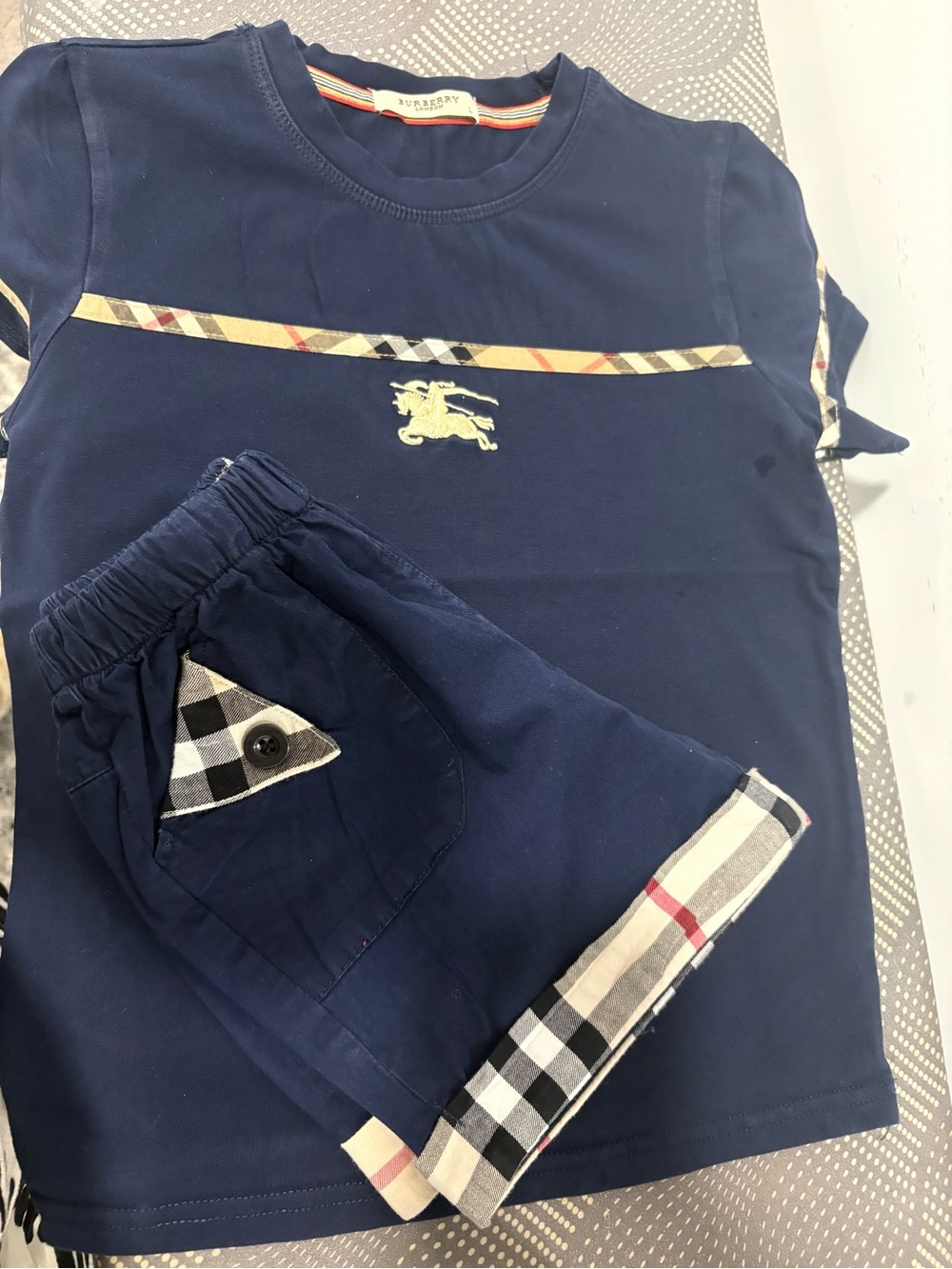 Burberry Navy Shorts and Top Set with Classic Check Trim